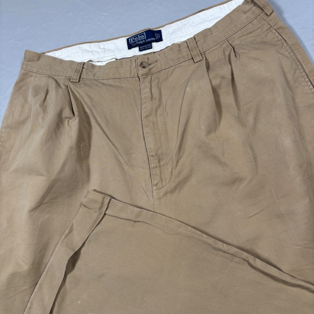 VTG Polo Ralph Lauren Hammond Pant Mens 36x30 Tan Khaki Pleated Cuffed‎ Chino